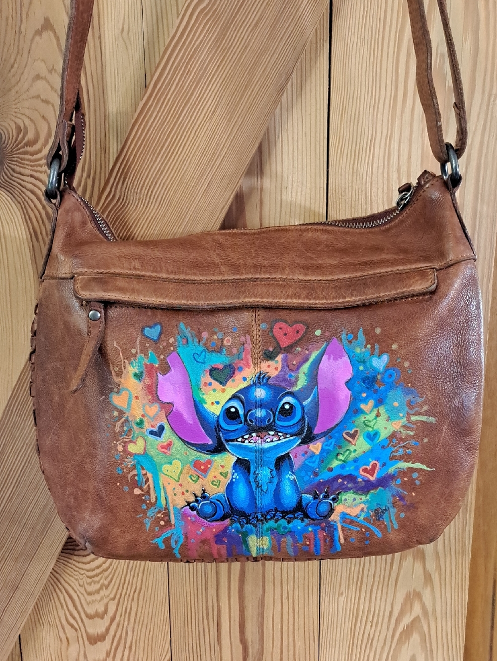 Hand Painted Brown Leather Vintage Crossbody Bag w/Colorful Character Art